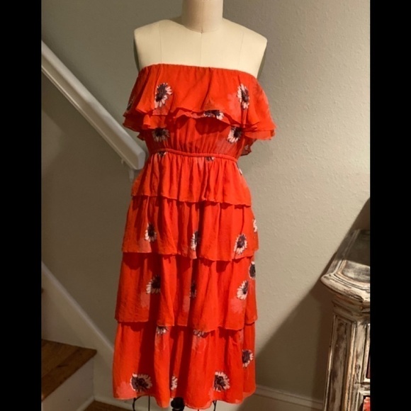 RebeccaTaylor Silk Red Floral Strapless Midi Dress - Picture 4 of 8